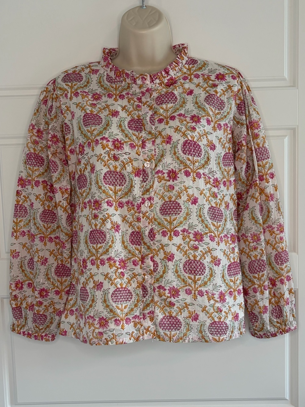 Fox & Hen High Neck Ruffle Trim Floral Button Up Blouse Top Size XS Coquette
